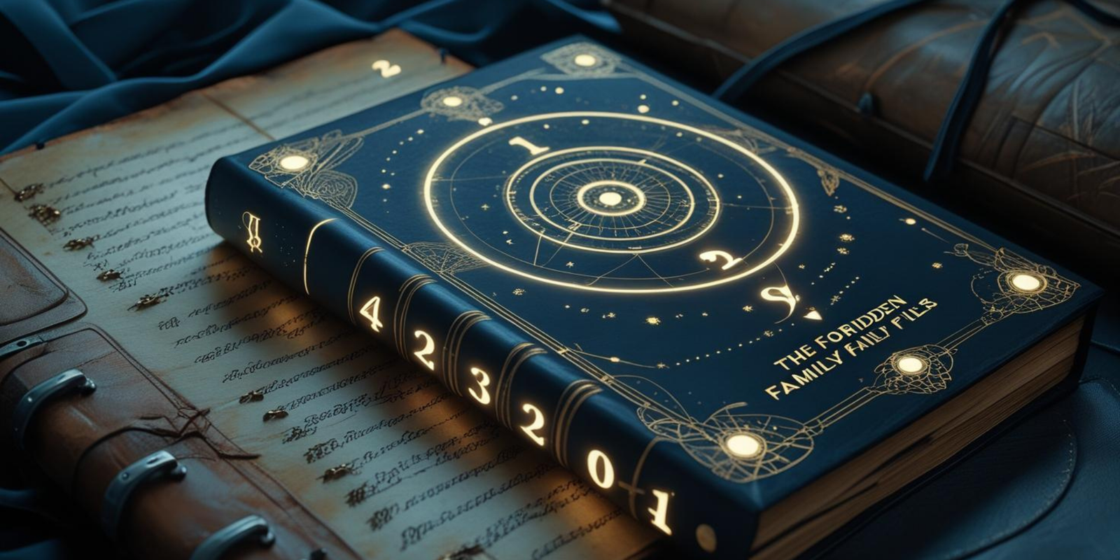 Book cover concept for The Forbidden Family Files: Unlock Hidden Family Secrets with Numerology, featuring mysterious symbols, numerology codes, and a hidden family theme.