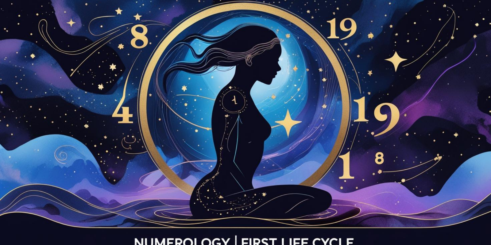 “Illustration representing the First Life Cycle in numerology, featuring cosmic patterns, numbers, and a human silhouette symbolizing early life experiences and personal growth.”